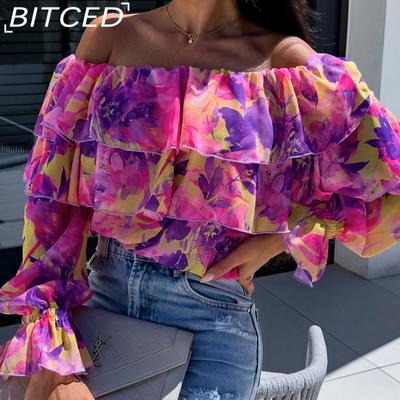 Women's Spring Autumn Sexy Fashion One Neck Strapless Printed Shirt