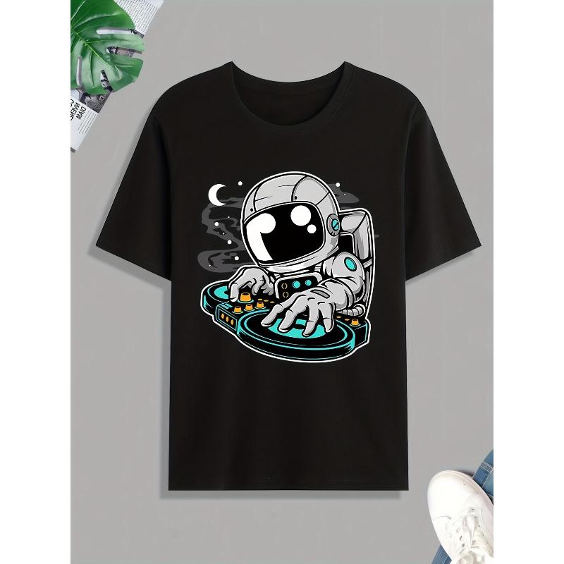European Sizes Astronaut Deejay Print Tee Shirt For Men, Casual Short Sleeve T-shirt For Summer Spring Fall, Tops As Gifts For Men