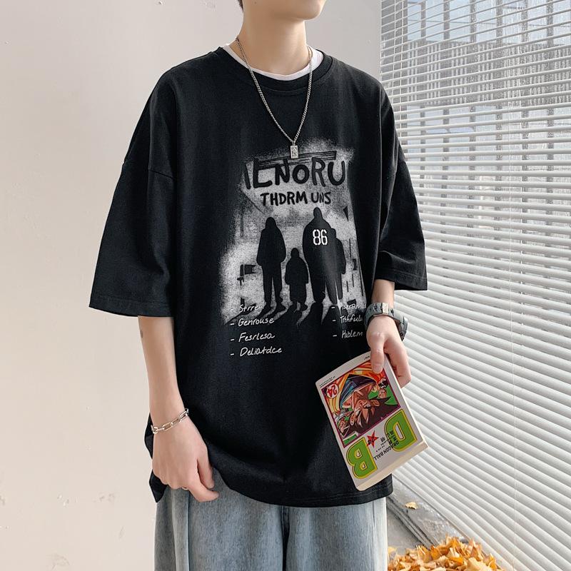Short-Sleeved T-Shirt Men'S Trendy Half-Sleeved Men'S Top Loose Trendy Couple Five-Quarter-Sleeved Clothes