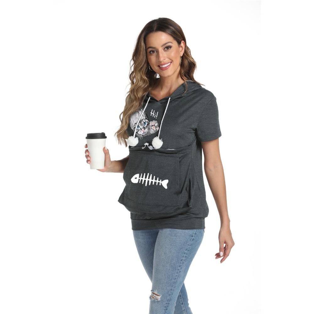 Women's summer short-sleeved large pocket cartoon printed casual drawstring hooded T-shirt