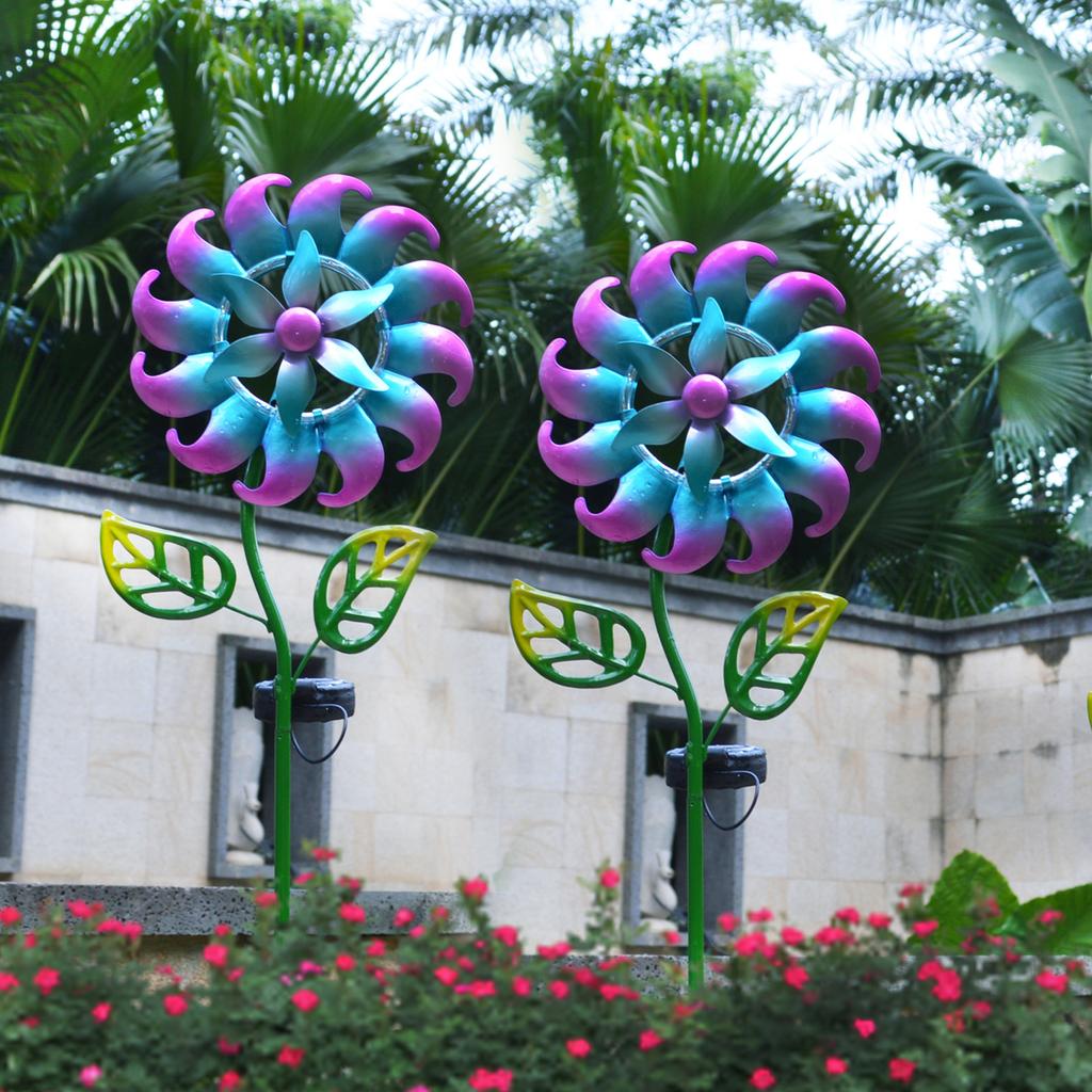 Iron Solar Windmill Garden Light 3D Wind Spinners Ground Plug Light Colorful Lighting Ornaments Home Decor for Patio Garden
