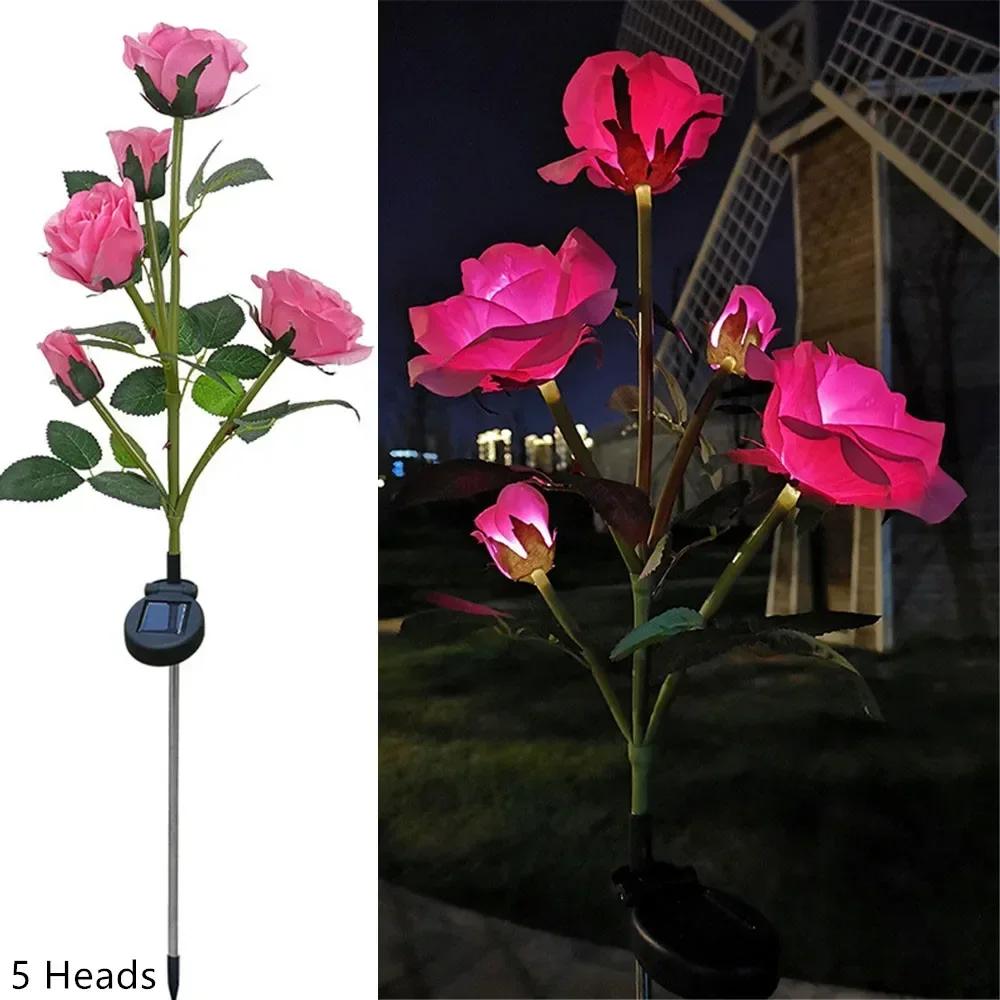 5 Head Rose Flower Solar Lawn Lamp LED Lights Outdoor Solar Garden Lights for Yard Patio Garden Camping Wedding Party Decor