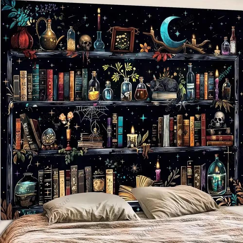 Mystic Bookshelf Tapestry Magic Library Illusion With Witchy Potions Black Cat Gothic Wall Art For Bedroom Study Hippie Gothic