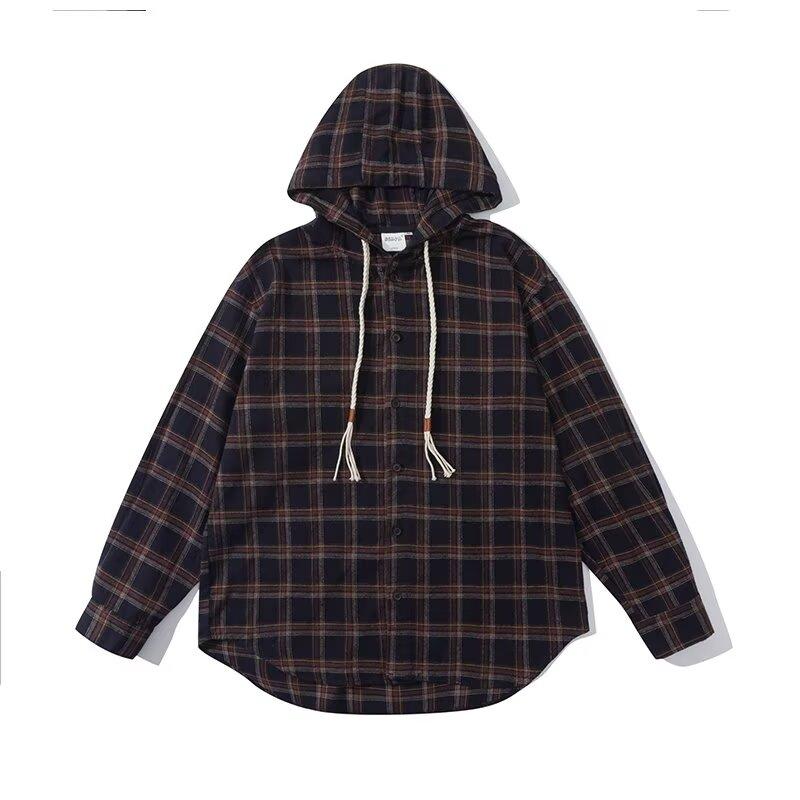 

Рубашка в стиле ретро в японском стиле для осени, мужская коричневая, клетчатая одежда для мальчиков, подростковая рубашка с капюшоном и длинным рукавом L чёрный