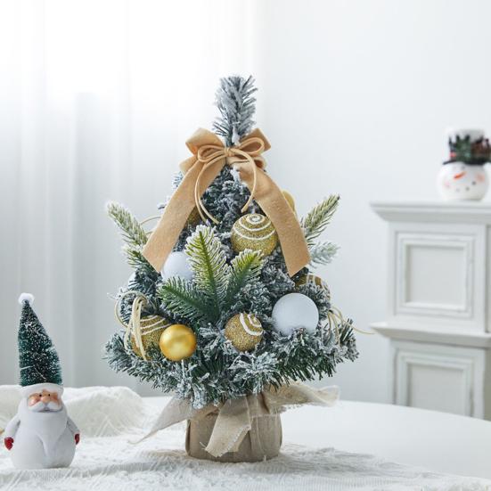 Snowy Mini Christmas Tree Small Tabletop Artificial Flocked Tree with Balls Bow And Cloth Bag Base for Home Office Desk Decor