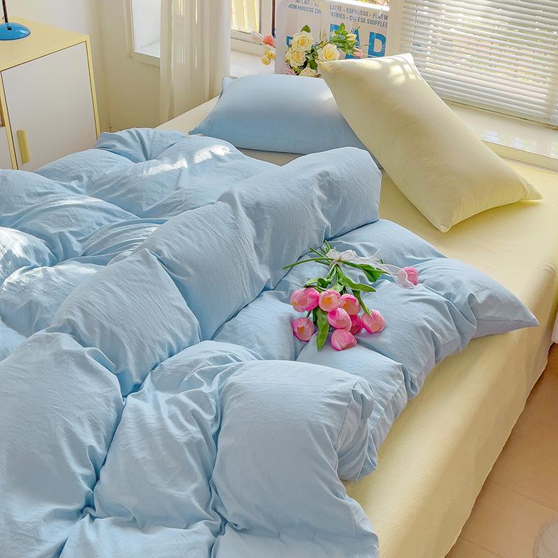 Washed Cotton 4-Pcs Set Class A Maternal Infant Grade Solid Color Single Quilt Set, Bed Sheet 4-Pcs Set, Small Fresh 3-Pcs Set