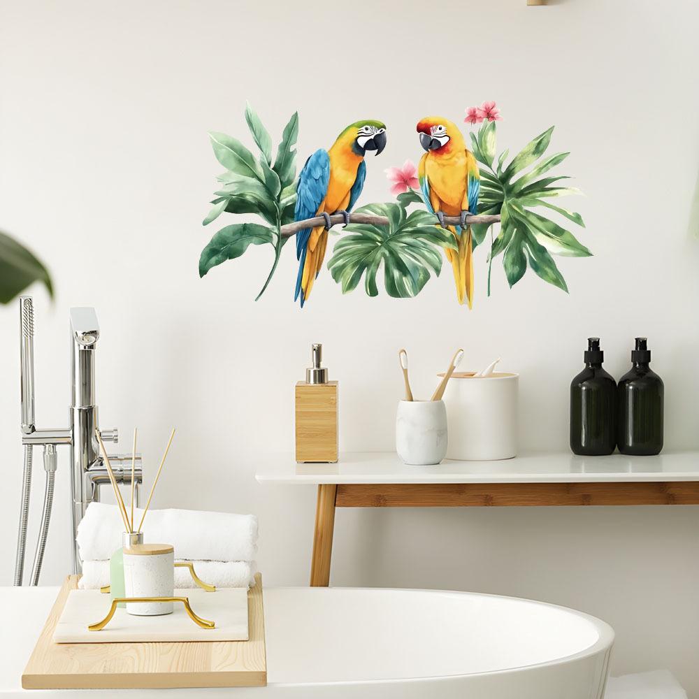 Self-adhesive Watercolor Parrot Branches Leaves Wall Stickers for Living Room Bedroom Entryway Home Decor