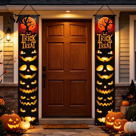 Decorative Party Accessory Halloween Porch Sign Banner, Pumpkin Ghost Awning Hanging Wall Indoor Decoration Door Decoration, Front Wreath Banner Yard