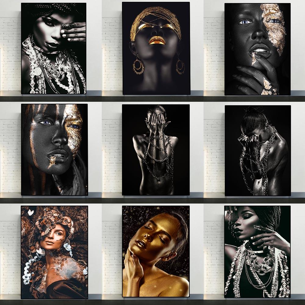 Black Gold Woman Canvas Painting African Women Poster and Prints Scandinavian Wall Art Picture for Home Decor Living Room Mural