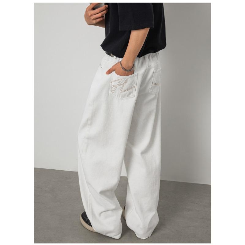 Men Loose Straight Cleanfit Denim Jeans Retro Casual Embroidered Long Pants