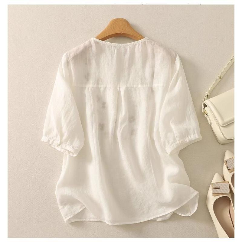 Women Summer V Neck Half Sleeve Floral Embroidery Casual Loose Blouse