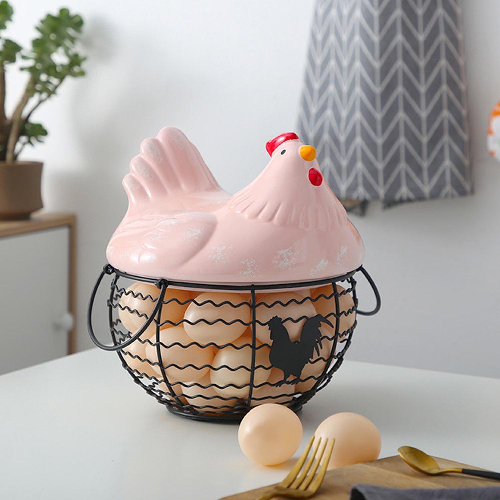 Storage Basket Iron Ceramic Hen Ornament Egg Fruit Container with Handle Kitchen Supplies