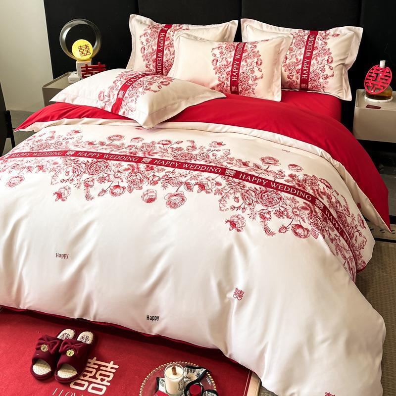 

Красный Свадебный Постельный Комплект: Четырехпредметный пододеяльник и простыни для молодоженов 1.5m Flat Sheet 200x230cm 4-piece