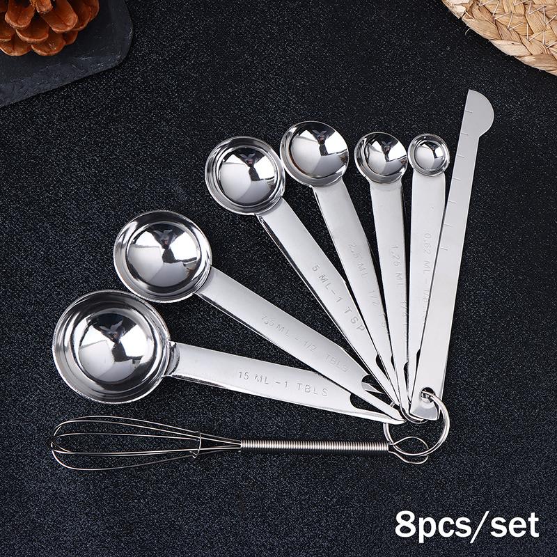 4/6/8Pcs Set Stainless Steel Measuring Spoon Cup With Scale Measuring Ruler Egg Beater Spoon Outdoor Tableware