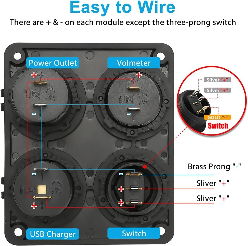 Car Charger 12V USB Panel Socket 4 in 1 Dual USB Charger with Rocker Switch Car Cigarette Lighter Digital Voltmeter for Car RV