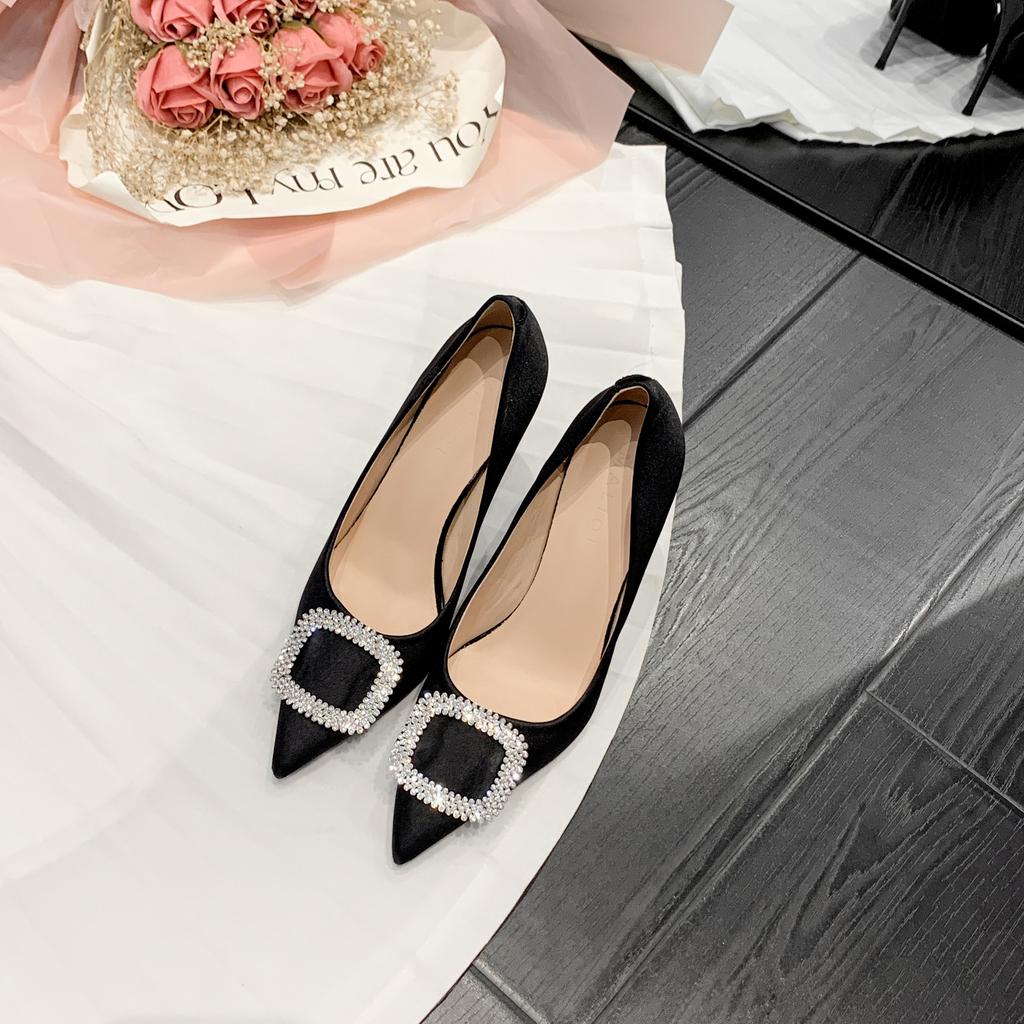 White High Heels Women's Autumn New Pointed Rhinestone Buckle Satin Stiletto Light Mouth Stiletto Single Shoes