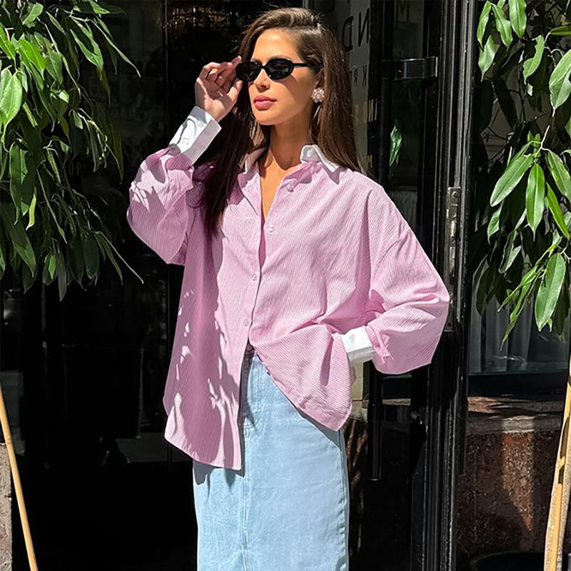 Casual Vintage Striped Long Sleeve ShirtsWomen Loose Lapel Single Breasted Oversize Blouse Fashion Versatile Daily Tops