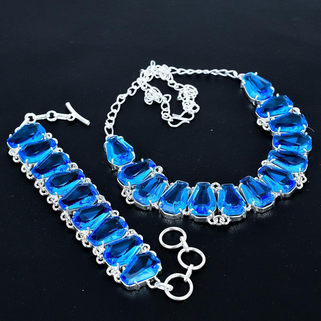 Blue Topaz Necklace & Bracelet Jewelry Set, Coffin Blue Topaz Gemstone 925 Sterling Silver Handmade Jewelry Unique Collection, Wedding Gift