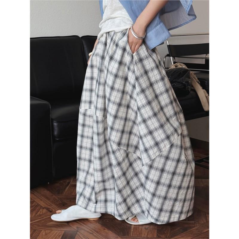 Johnature Summer Japanese Casual Plaid Skirt Three-dimensional Silhouette Fluffy Long Skirts Women