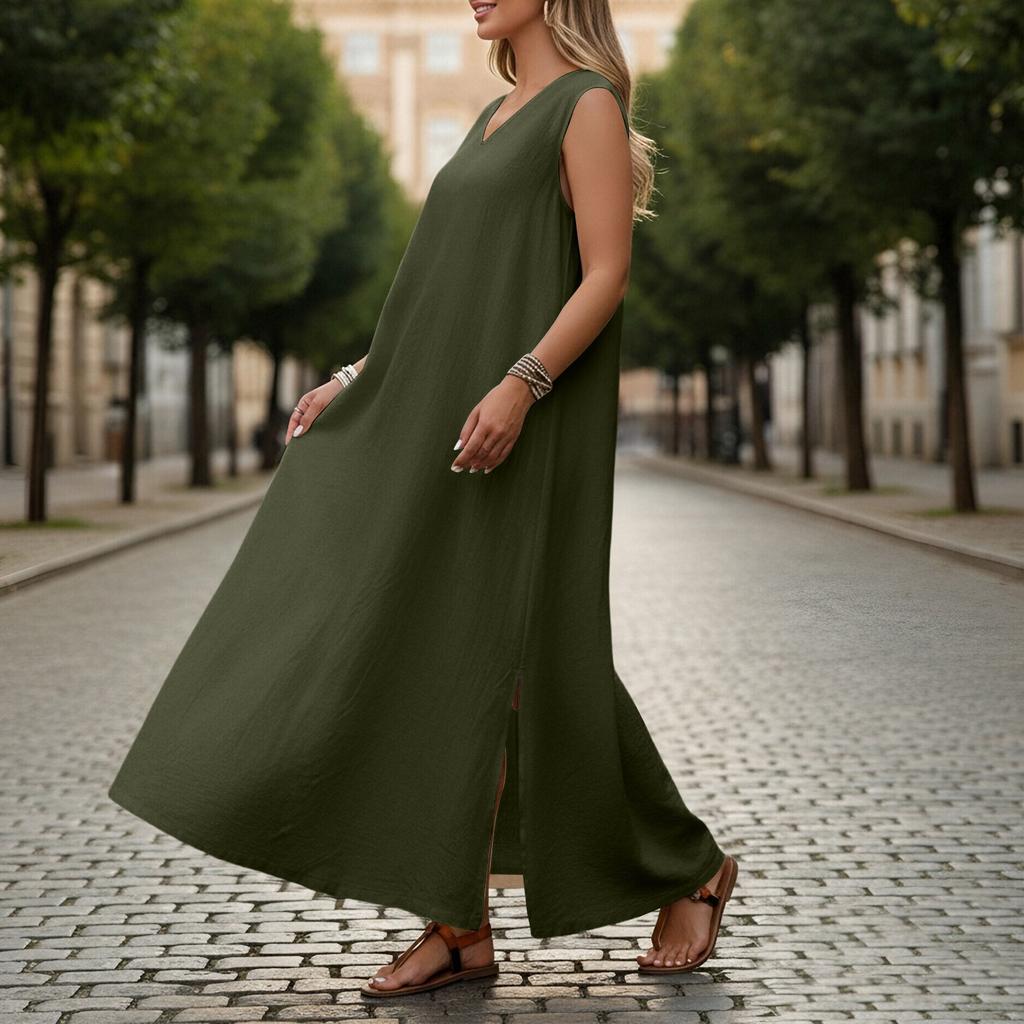 Ärmelloses V-Ausschnitt Maxikleid Lockerer Schnitt Langes Kleid Leichte Leinenoptik Sommer Freizeitkleid mit Seitenschlitz für Damen