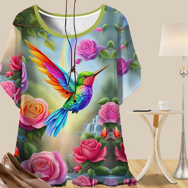 

Женская модная повседневная свободная весенняя рубашка с коротким рукавом, топы с принтом перьев колибри и розы 8XL зелёный