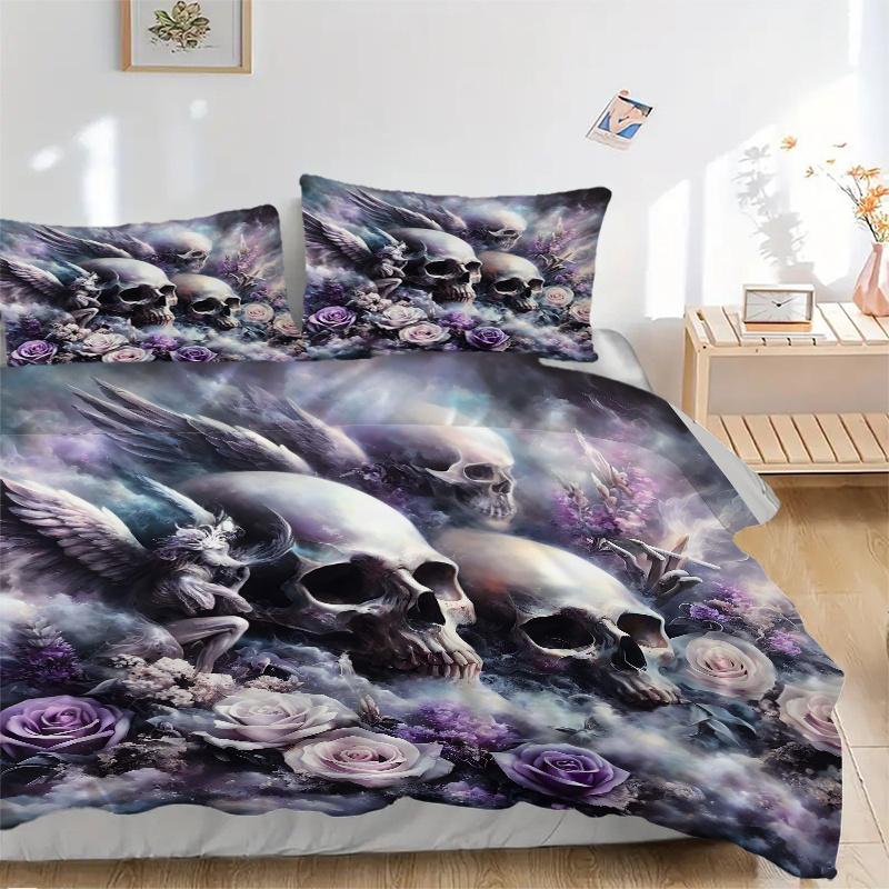 3pcs Skulls Angels and Roses Quilt Cover Set - Soft and Cozy Bedroom, Guest Room and Dorm Decorative Bedding 3-Piece Set 1 Quilt Cover + 2 Pillow