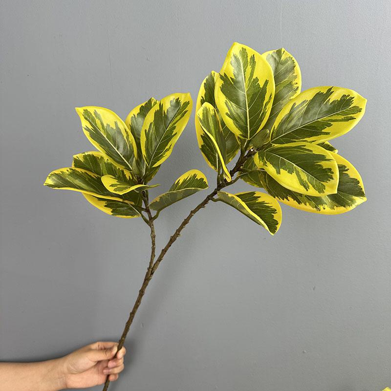 4pcs Plastic Golden Banyan Leaves Artificial Plant Floral Hotel Decoration Simulation 2 Forked Banyans Branches Green Plants жёлтый