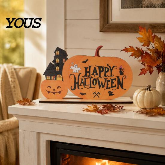 Hand Painted Halloween Decor Wooden Table Sign, Cute Pumpkin Boo Ghost Solid Wood Sign Tabletop Centerpiece for Indoor Mantel Fireplace Home Festive