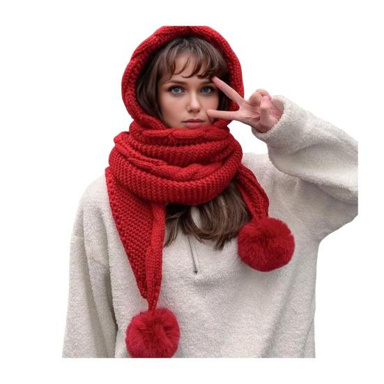 Vinter Varm Stickad Mössa Enfärgad Plyschbollsdekor Vriden Textur Ull Huva Halsduk Hatt Kallt Väder Huvudbonad