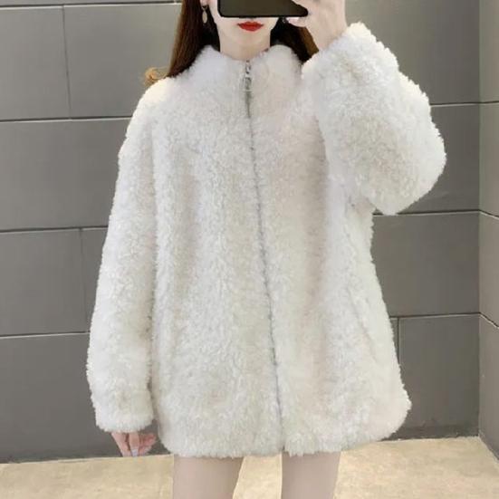 Winter Lady Coat Thickened Double-sided Faux Fleece Solid Color Stand Collar Neck Protection Letter Decor Long Sleeves Keep Warm Outdoor Travel Jacket