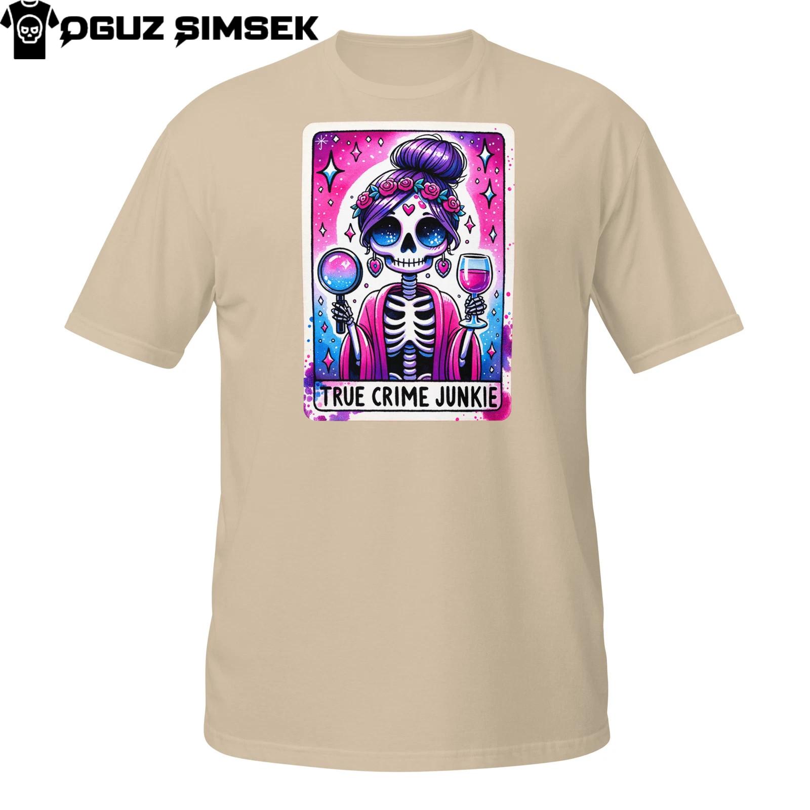 True Crime Junkie T-Shirt Mens Womens Tees Top | Gothic Skeleton Tarot Design | Wine and Mystery Tee XL