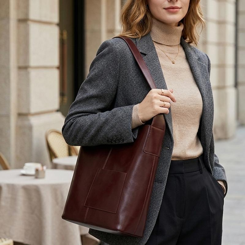 HIFASHION Cowhide Genuine Leather Bucket Tote Bags For Women 2026 Large Capacity Office Work Handbags Simple Shopping Hobo Purse
