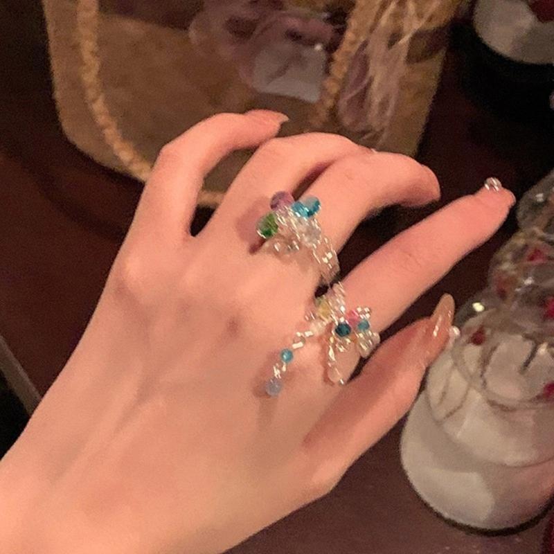 Fashionable Crystal Beaded Floral Rings Tassels Flower Rings Adjustable Finger Rings Jewelry Stylish Accessory for Women
