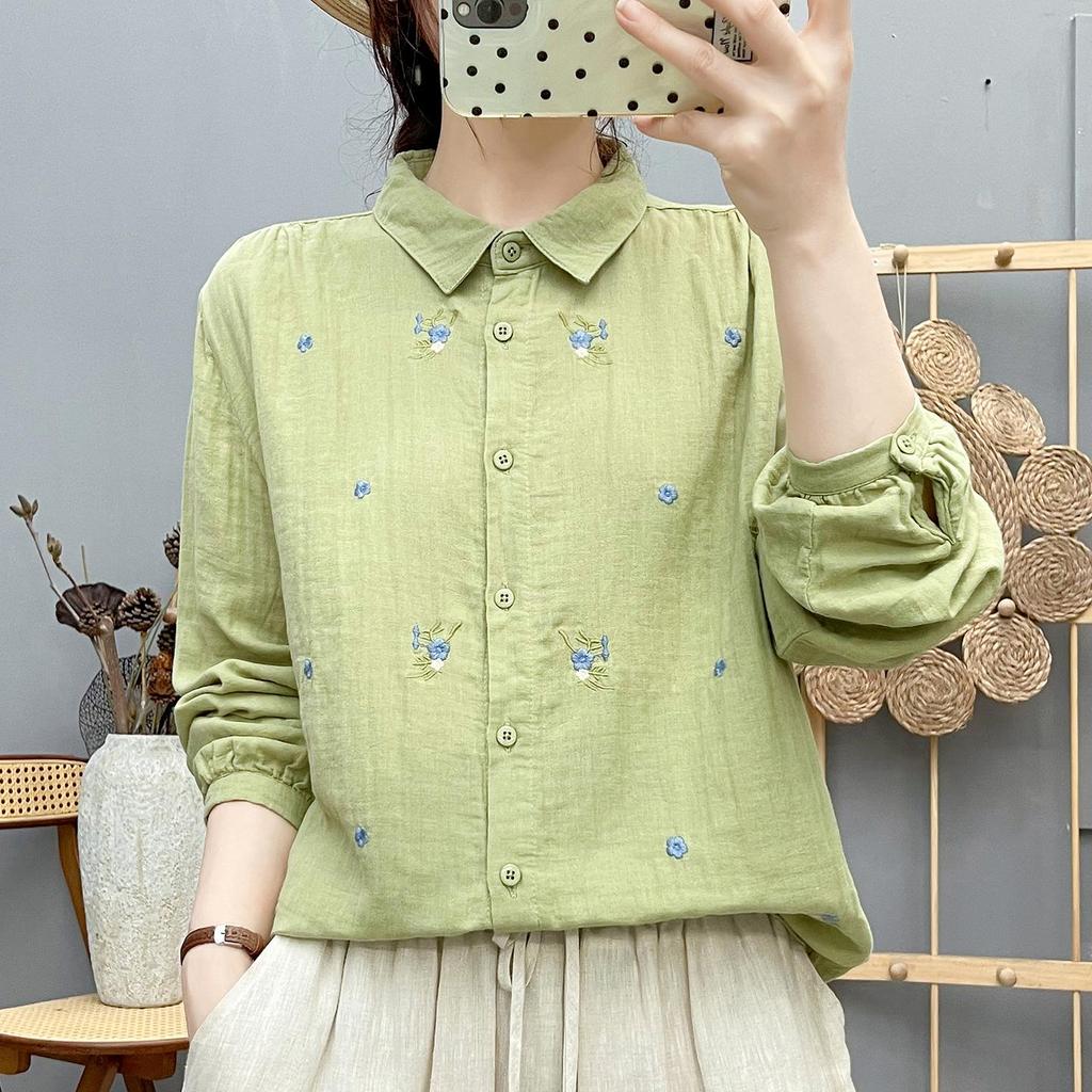 Women's Forest Style Cotton Gauze Shirt: Long Sleeve, Soft, Breathable, with Fresh Floral Embroidery