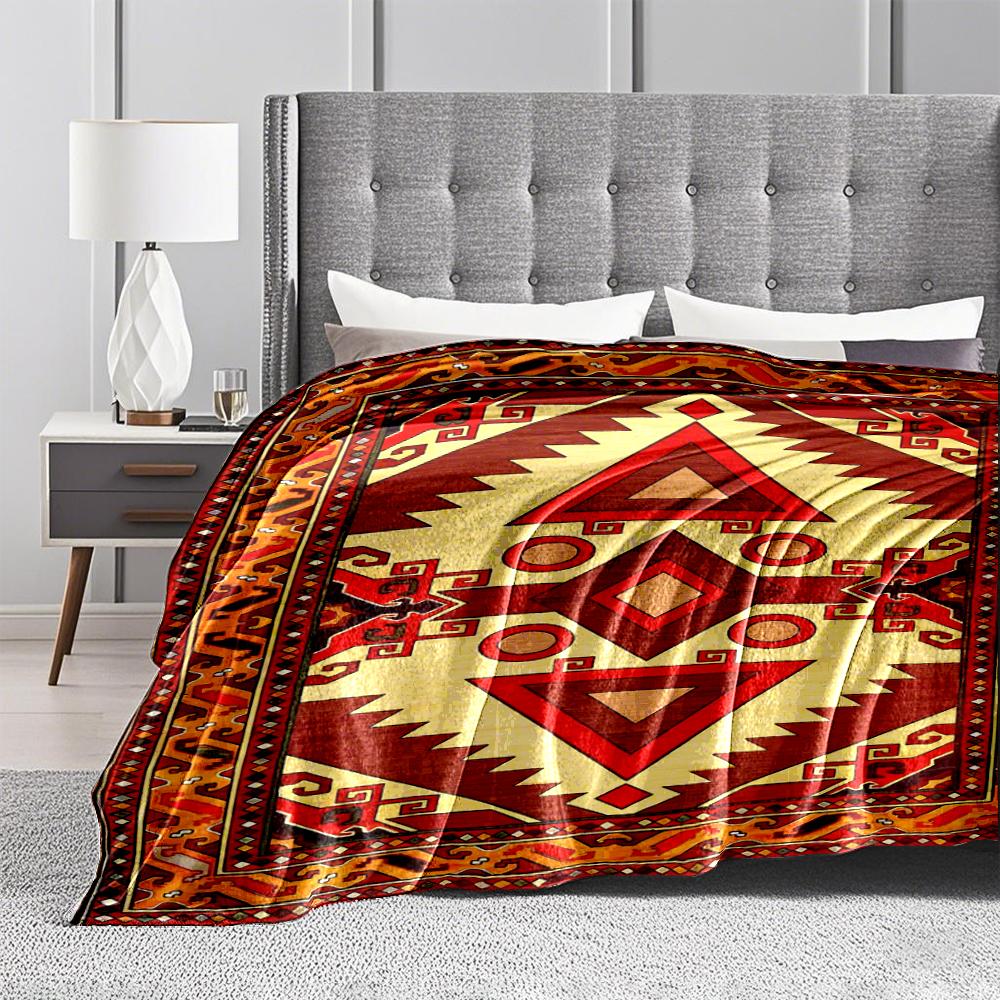 Geometric Boho Tribal-Style blanket, Red and Yellow Ethnic Pattern blanket blanket, suitable for use in the bedroom, living room, on the sofa