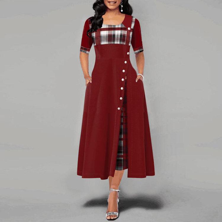 Ladies Vintage Button Dress Patchwork A-Line Dress Women Elegant Long Plaid Print Party Dresses