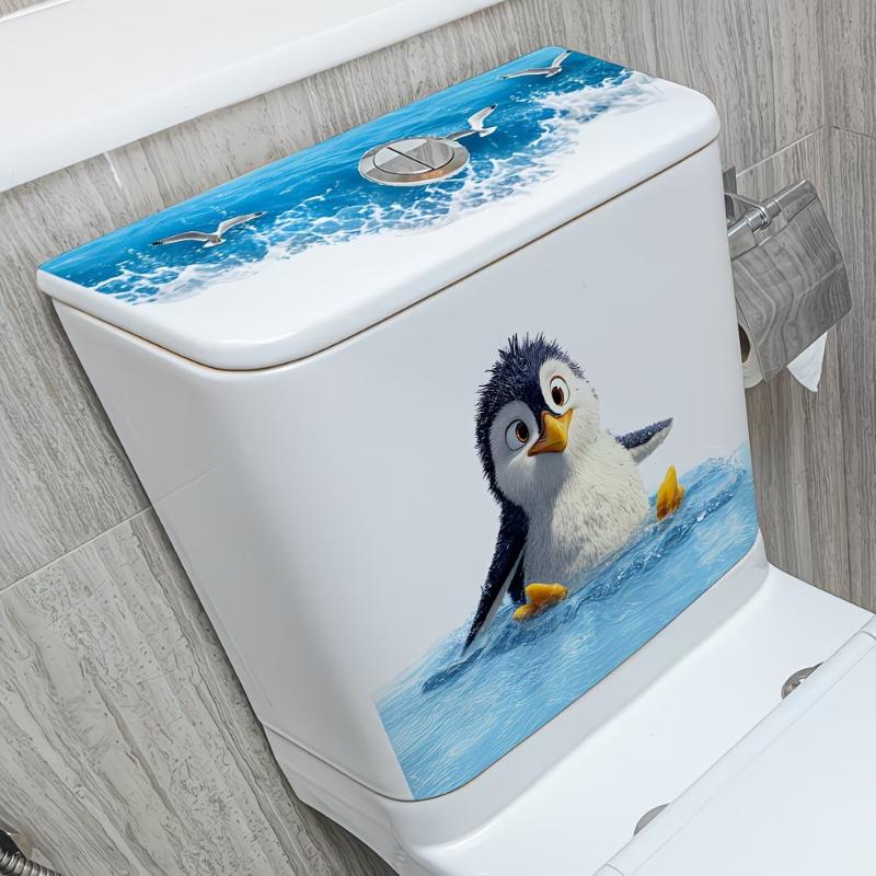 Cute Swimming Penguin Toilet Sticker Waterproof Easy Remove Decal for Toilet Lid Apartment Bathroom Budget Makeover