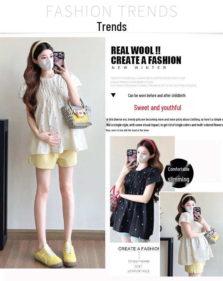 Embroidered Heart Maternity Short Sleeve Doll Shirt - Trendy, Age-Reducing, Loose Casual Summer Top for Moms
