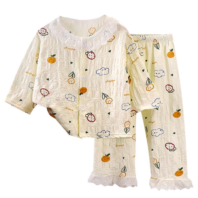 Summer Floral Lace Cotton Pajama Set for Girls: Nine-Sleeve Korean Style Air Conditioning Homewear
