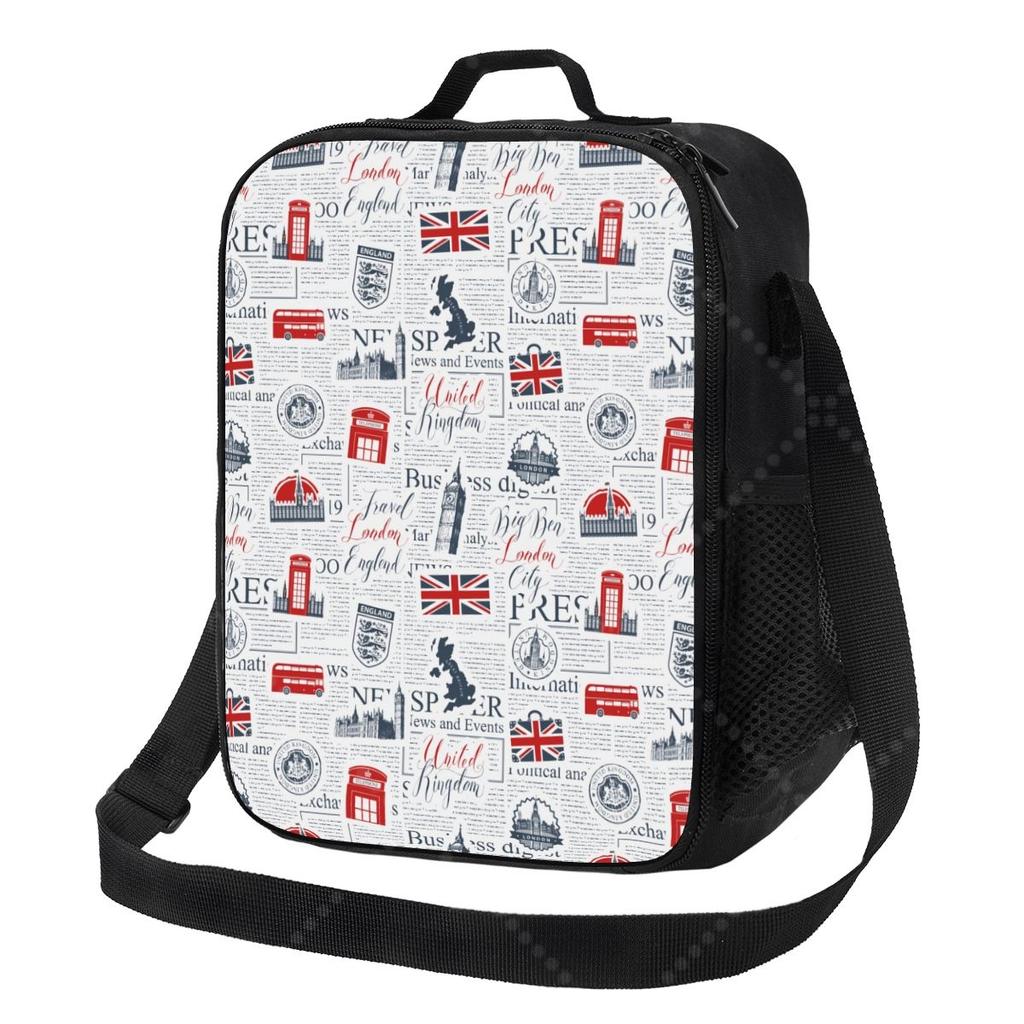 UK British Symbol Lunch Bag with Adjustable Shoulder Strap Reusable Thermal Bento Tote for Work Picnic Beach