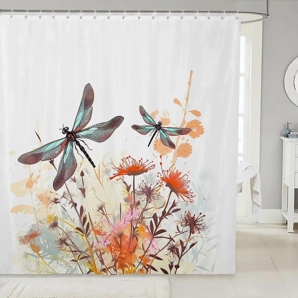 Dragonfly Watercolour Shower Curtain Dandelion Lavender Flower Polyester Fabric Home Art Bath Curtains Bathroom Decor with Hooks