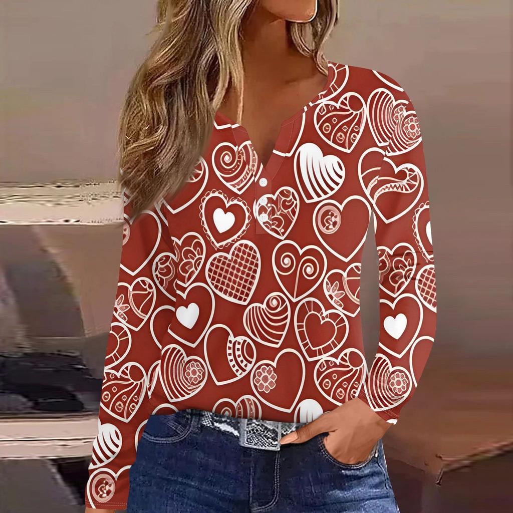 Women's Fashion Casual Valentine's Day Printed V-Neck Long Sleeve Button Down T-Shirt Top