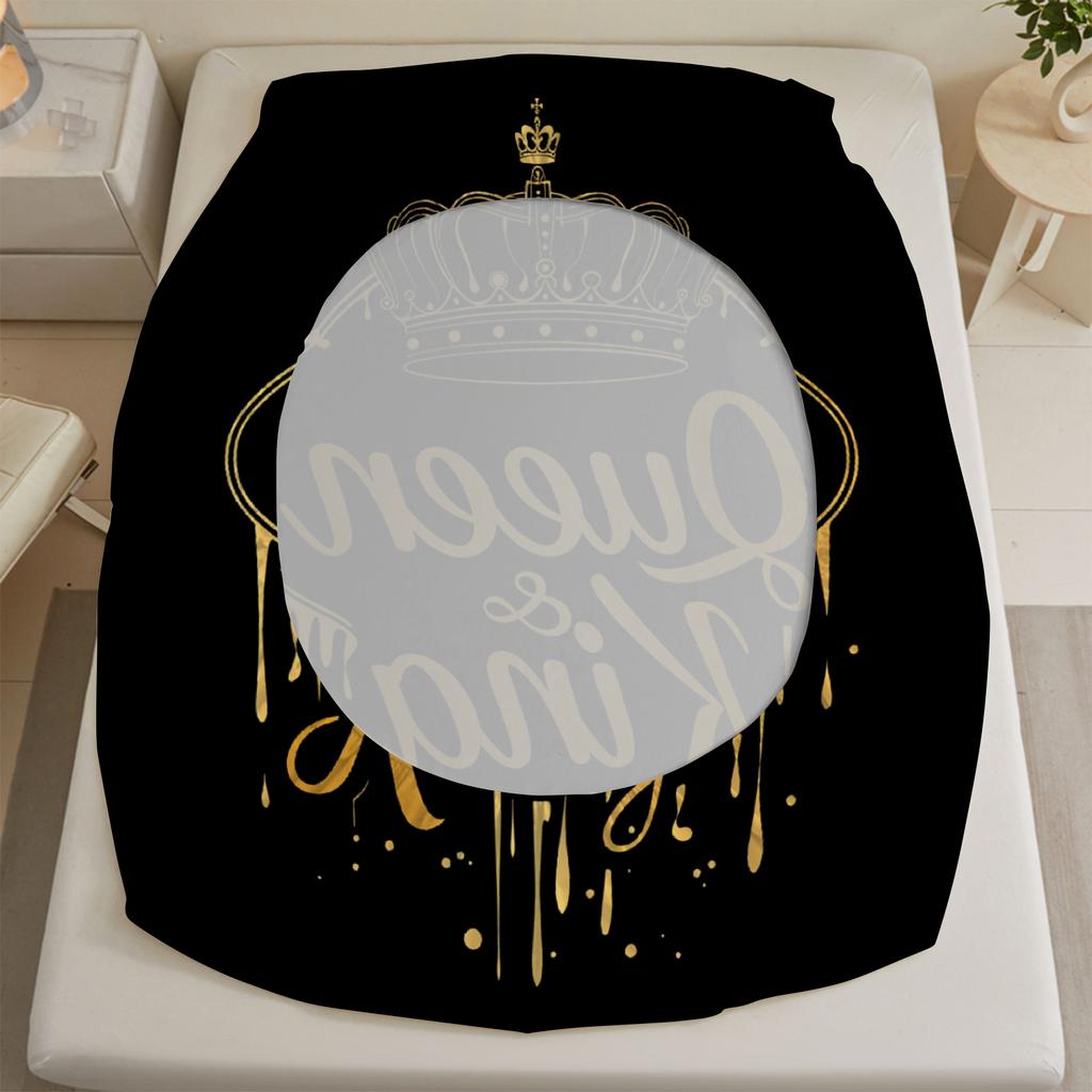 Queen And King Fitted Sheet Set Black Gold Crown Print Bedding With Pillowcases For Couples Bedroom