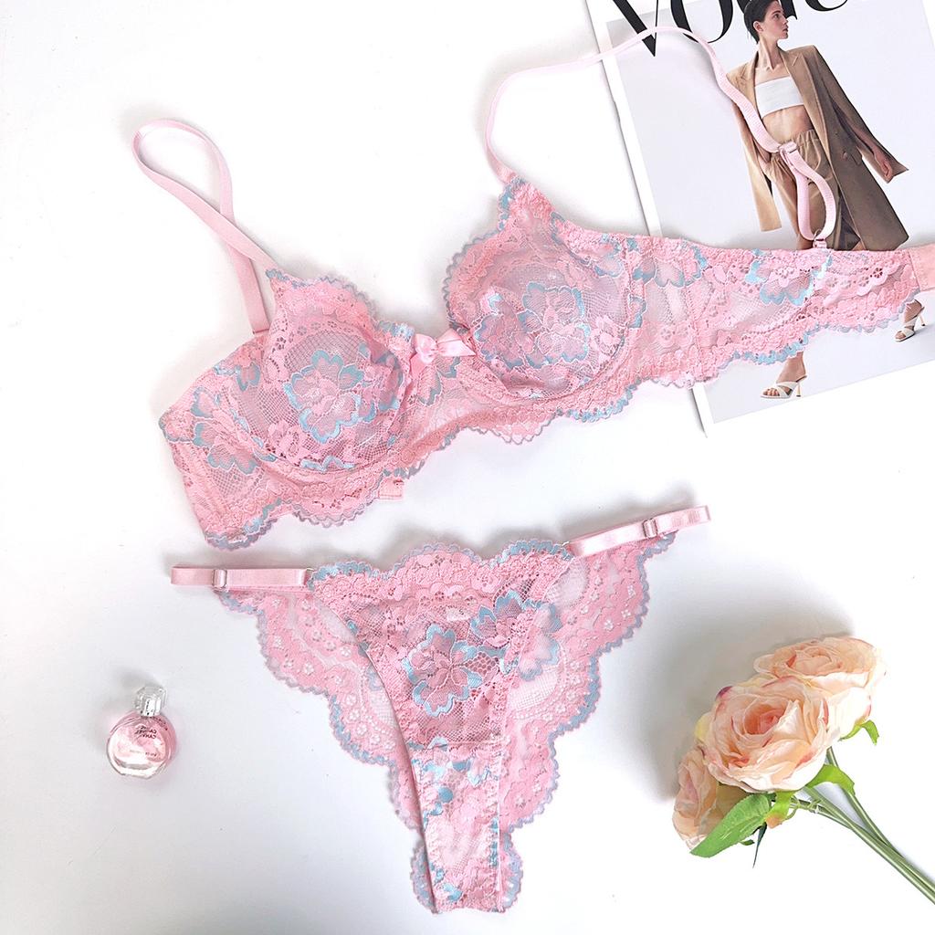New French pink lace print women's bra sweet pure thong sexy underwear suit women