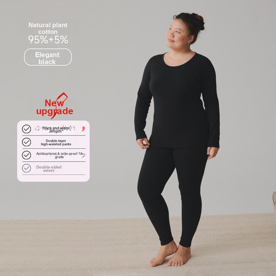 

100% Cotton Fluffy Warm Thermal Underwear Set for Women, Thick Large Size Autumn Pajamas, Double-Sided Brushed Fleece Base Layer Long Sleeve XXL чёрный