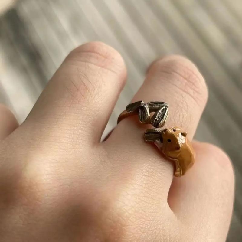 Little Hamster Eating Melon Seeds and Children's Fun Cute Ring Sunflower Seeds Cute Adjustable Ring Popular Accessories