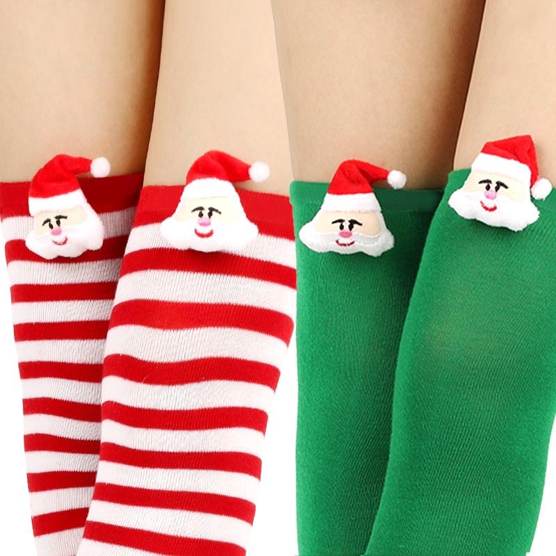 Women Cute Plush Santa Claus Striped Over Knee Long Socks Thigh High Stockings for Christmas Cosplay Costume Hosiery