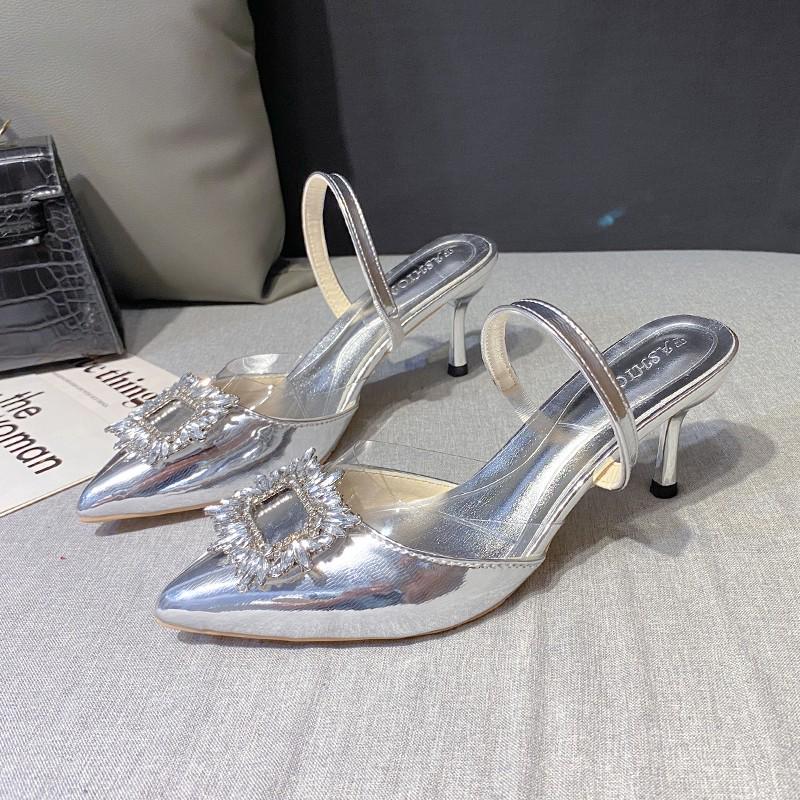 2023 Summer Rhinestone Stiletto Heels: Pointed Toe, Slip-on, Square Buckle, Closed-toe Sandals