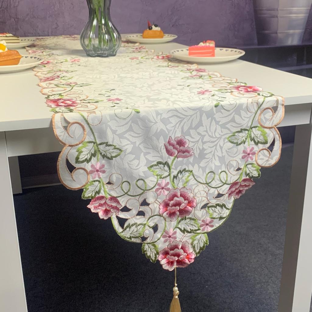 Embroidery Table Flag Pastoral Embroidery Hollow Fabric Tassel Suizi Household Tv Cabinet Dust Tablecloth