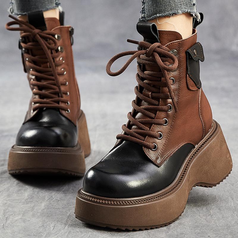 Ботинки на платформе и высоком каблуке из натуральной кожи 2024 года, зимние, на толстой подошве, разноцветные, с круглым носком, женские, плюшевые, короткие ботинки 40 коричневый